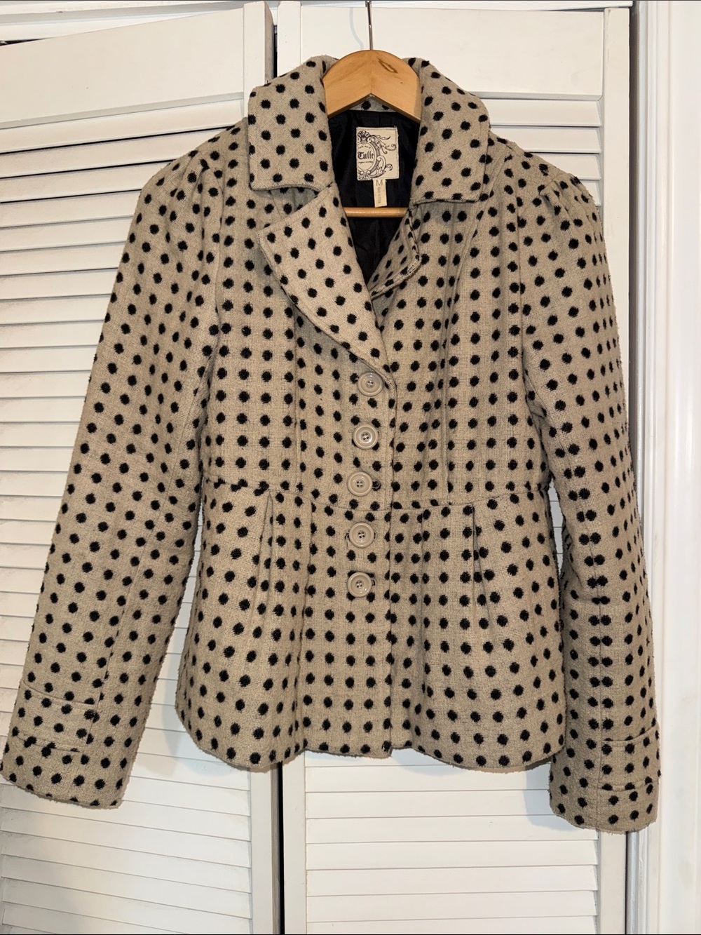 Tulle Cream Pea Coat with Black Polka Dots - M
